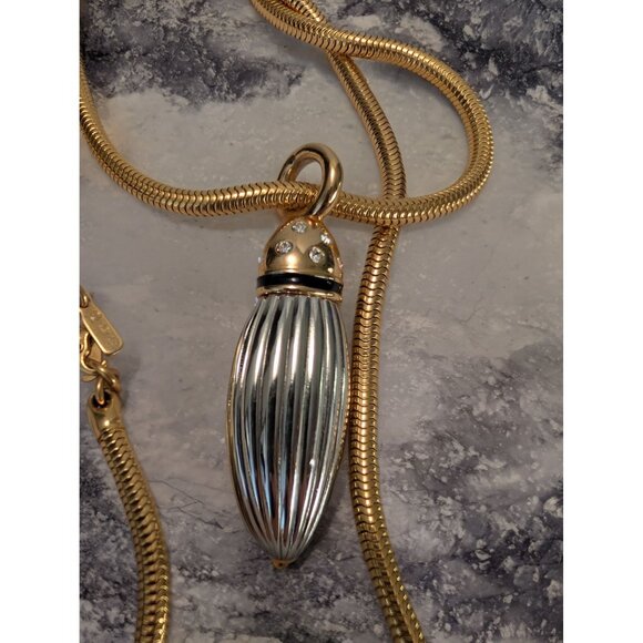 Rare Monet Snake Chain Necklace W/ Silver-Toned Ribbed Pendant & Rhinestones 34" - Picture 7 of 9